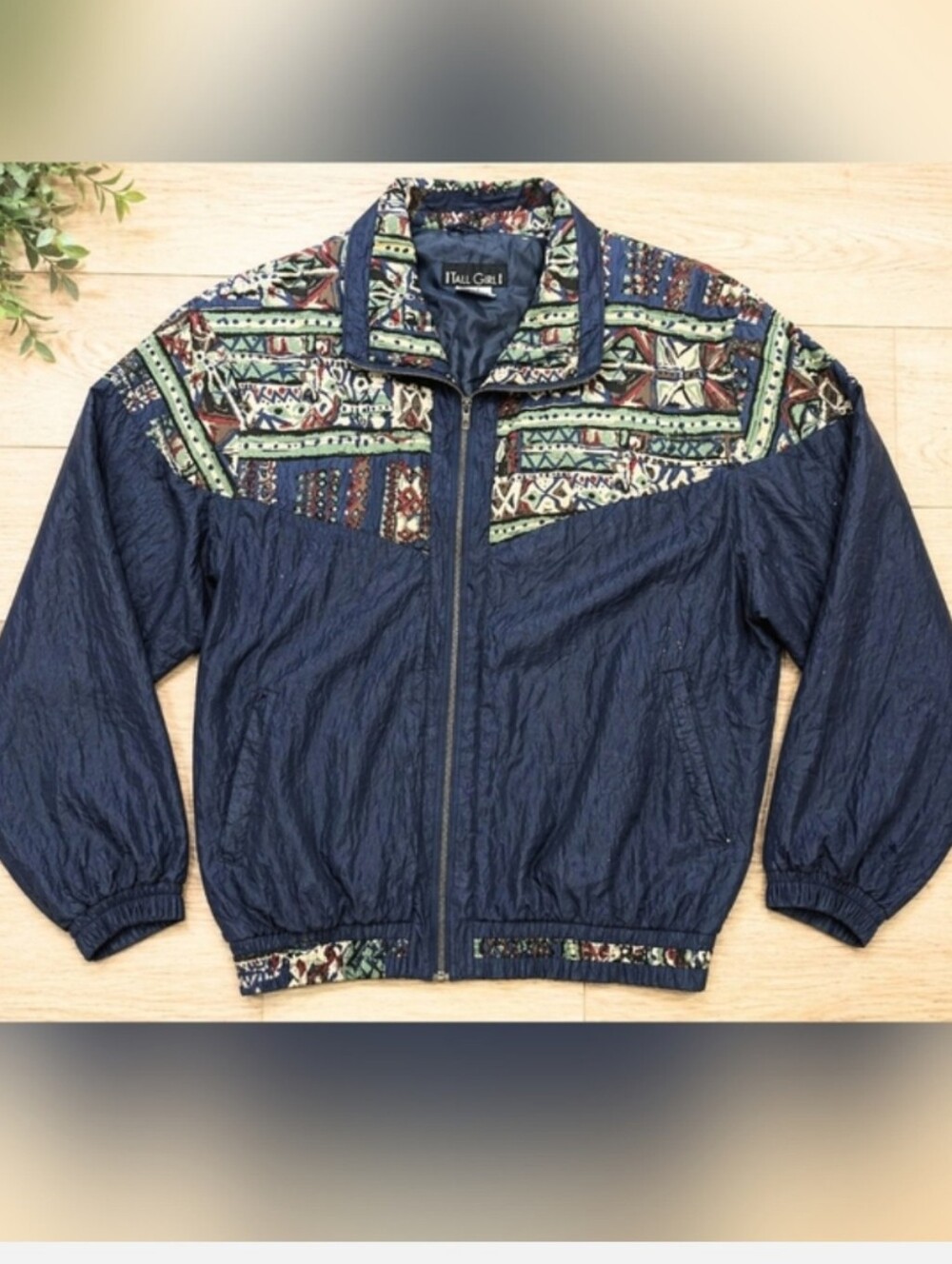 Vintage Tall Girl Silk Bomber Jacket Women’s Large Blue Tribal Geometric Windbre